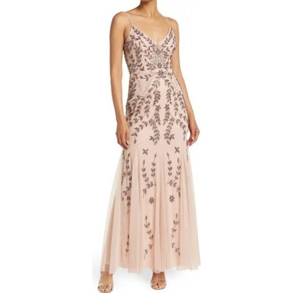 Marina Blush Embellished Gown With Sequins & Beading Floor Length Sleeveless V-N - Picture 1 of 8
